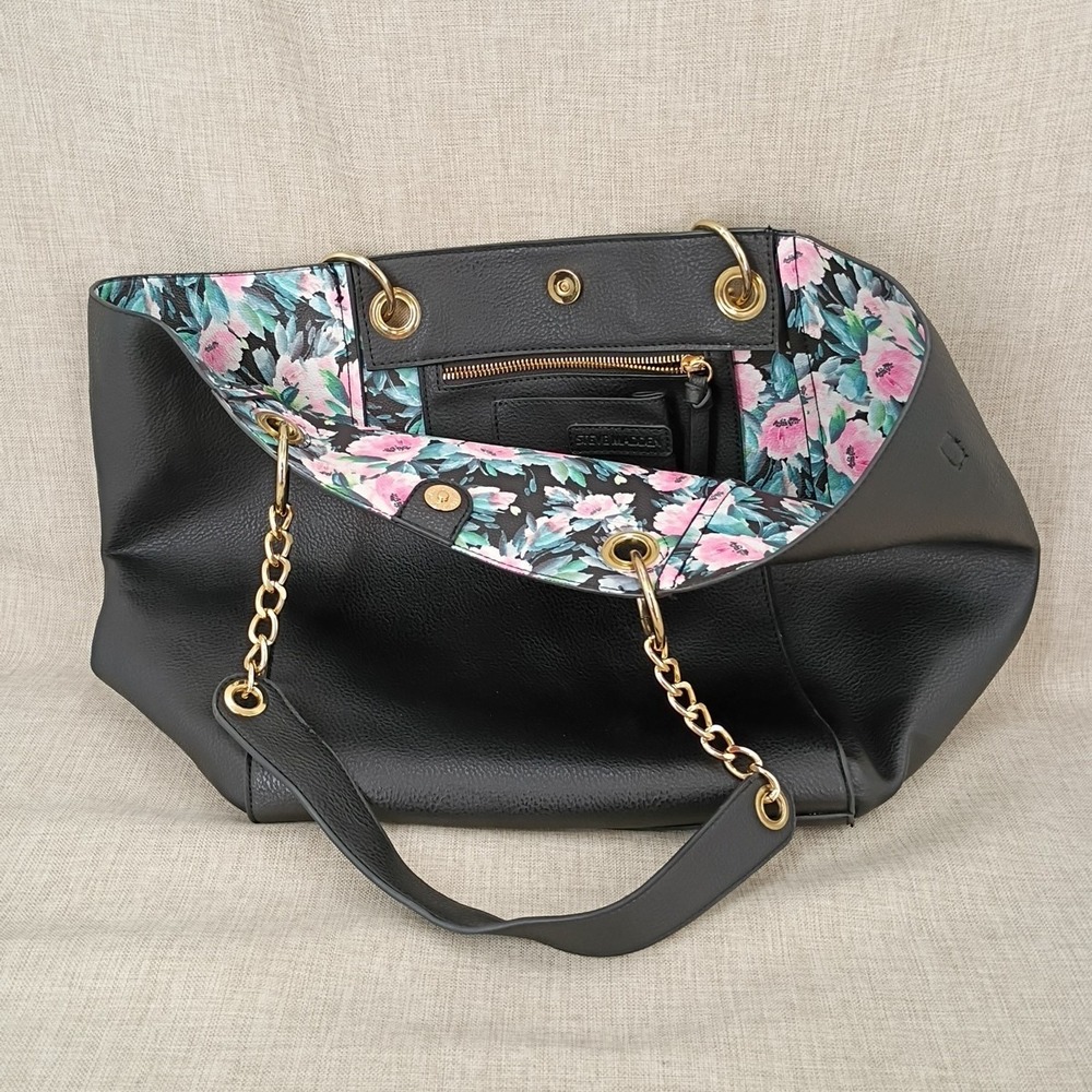Steve Madden Bwilde Faux Leather Black Flat Tote Purse Pink Green Floral Big